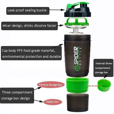 オーダーメイドロゴ 2層 ジム タンパク質シェイカーのボトル 錠剤オーガナイザーと保存 16oz