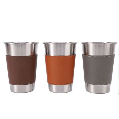 170ML 330ML 500ML ステンレス鋼 ビールカップ 皮ケース付き ポータブルキャンプ用水カップ