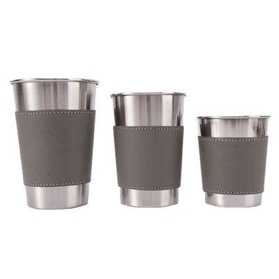 170ML 330ML 500ML ステンレス鋼 ビールカップ 皮ケース付き ポータブルキャンプ用水カップ