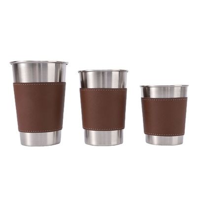 170ML 330ML 500ML ステンレス鋼 ビールカップ 皮ケース付き ポータブルキャンプ用水カップ