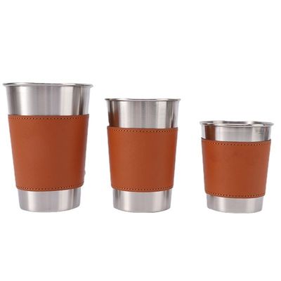 170ML 330ML 500ML ステンレス鋼 ビールカップ 皮ケース付き ポータブルキャンプ用水カップ